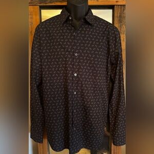 Theory Men's Black and Brown Crown Patterned Long Sleeve Dress Shirt L
